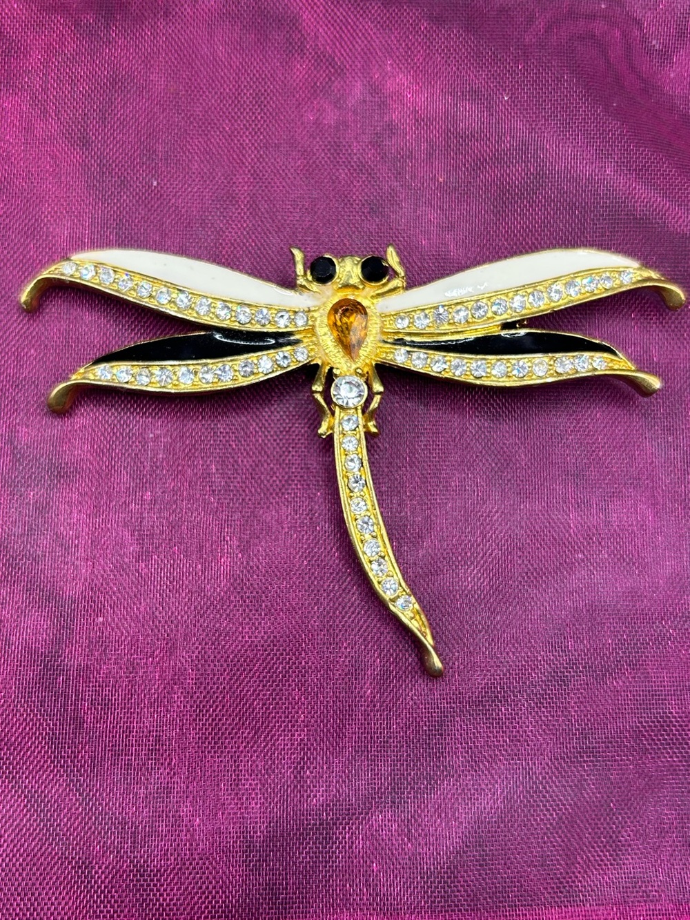 Gold-Tone Dragonfly Brooch with Clear Crystals - White and Black Enamel